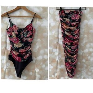 Express Floral Mesh Body Suit and Skirt